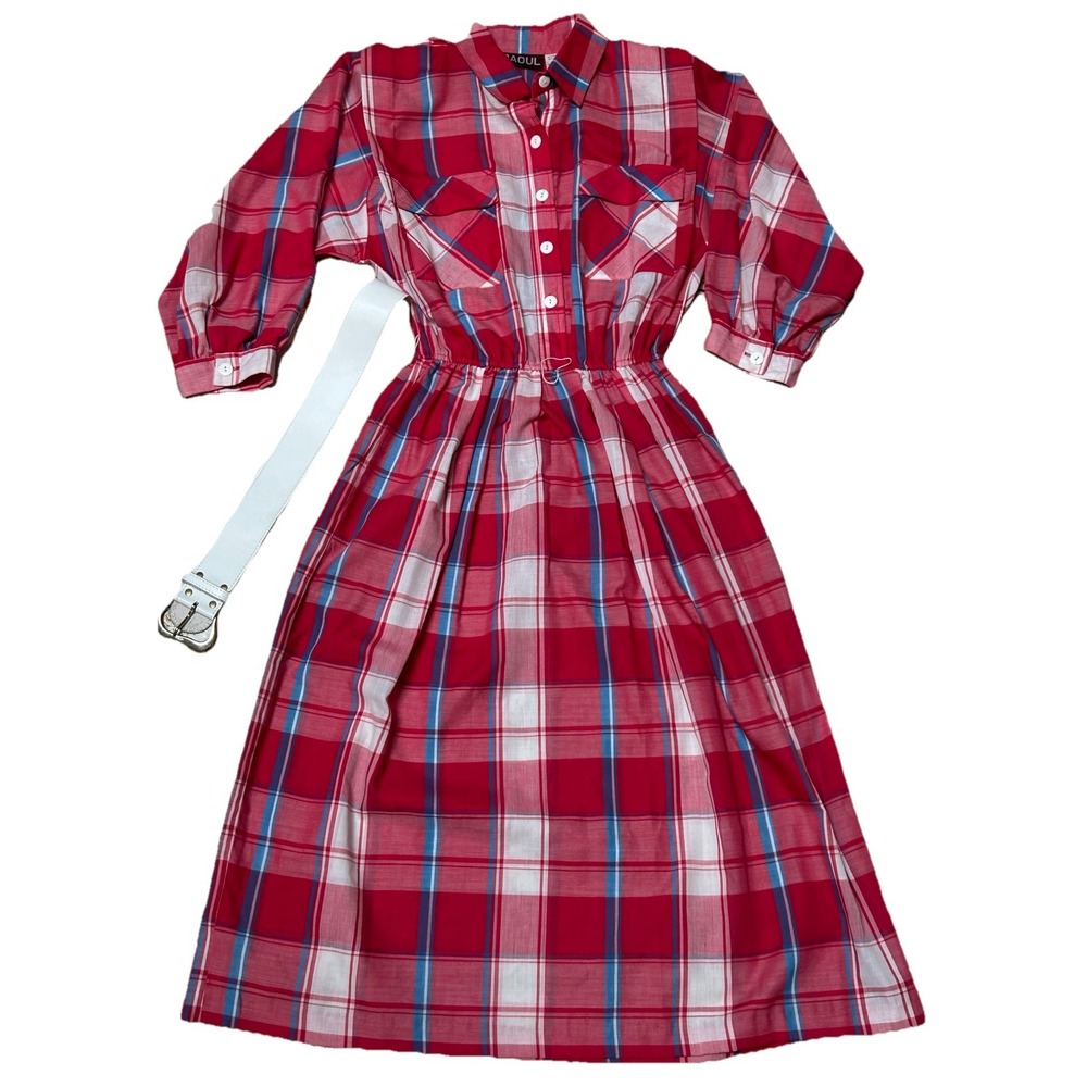 Vintage Plaid Button Front Midi Dress with‎ Pockets and Belt Size 10 Tradwife